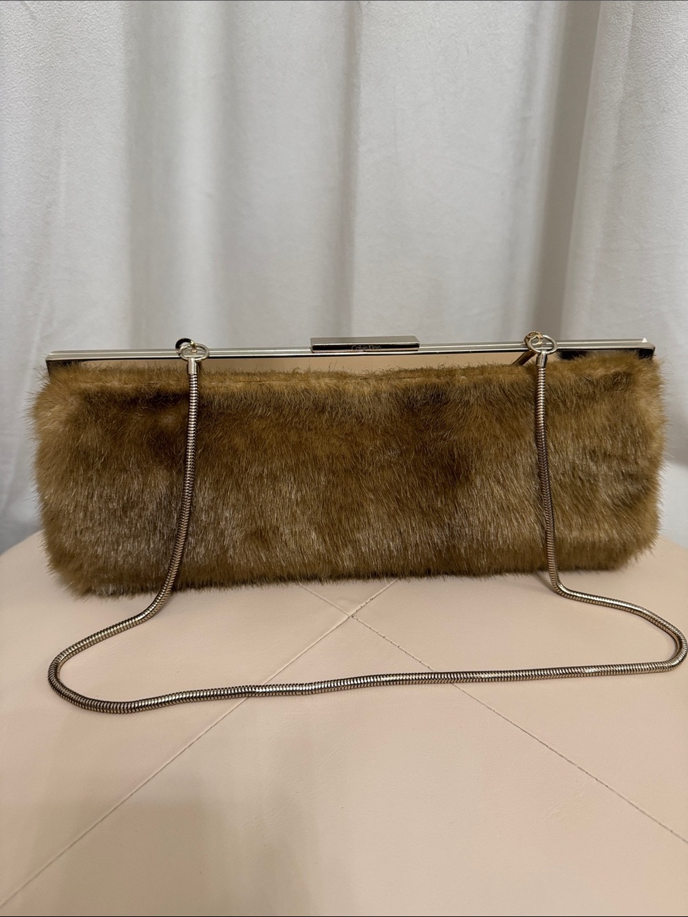 CALVIN KLEIN Camel Tan Faux Fur Clutch Evening Bag with Gold Tone Hardware